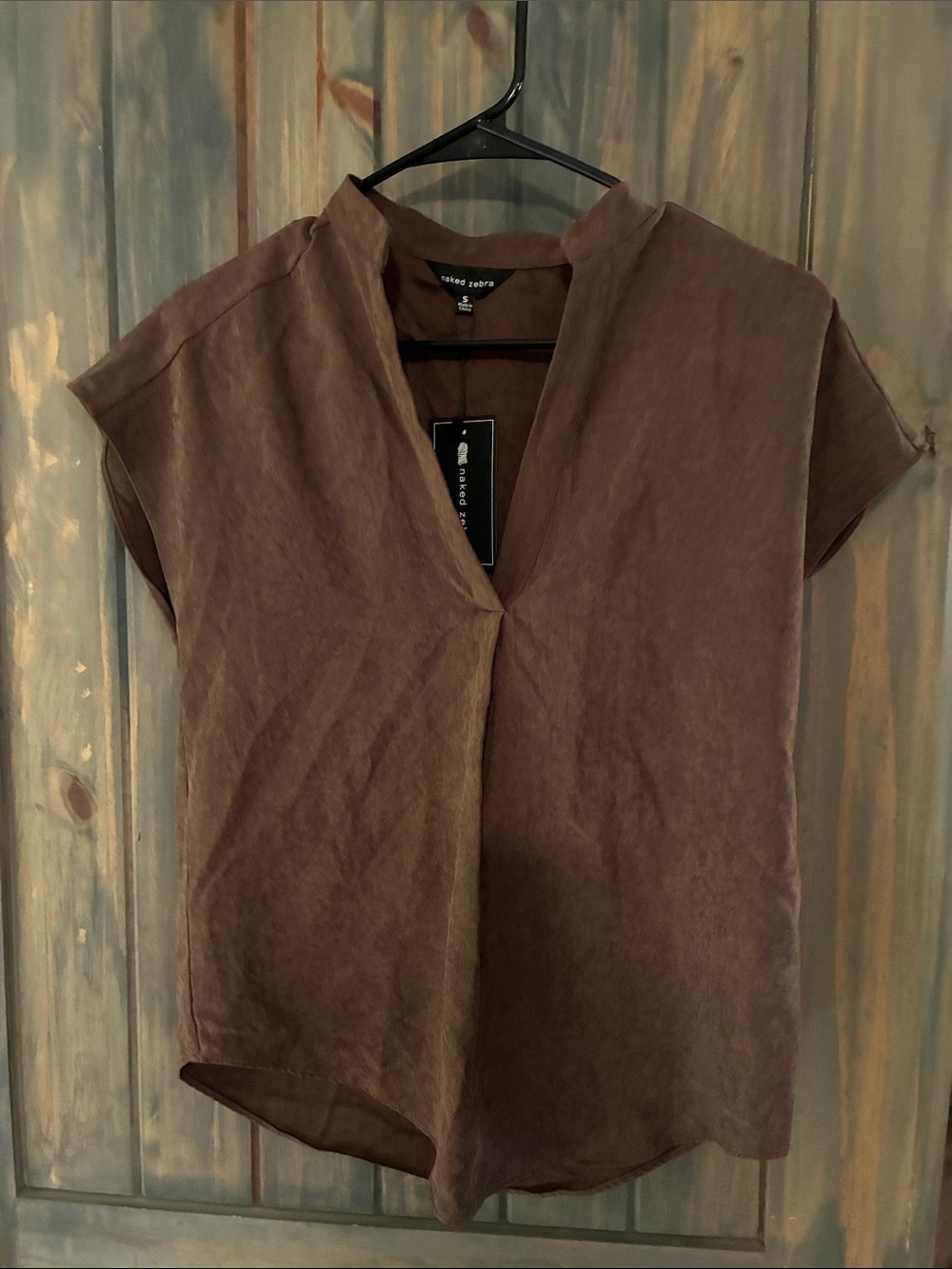 Naked zebra suede feel Women’s Short Sleeve V-Neck Top in Brown